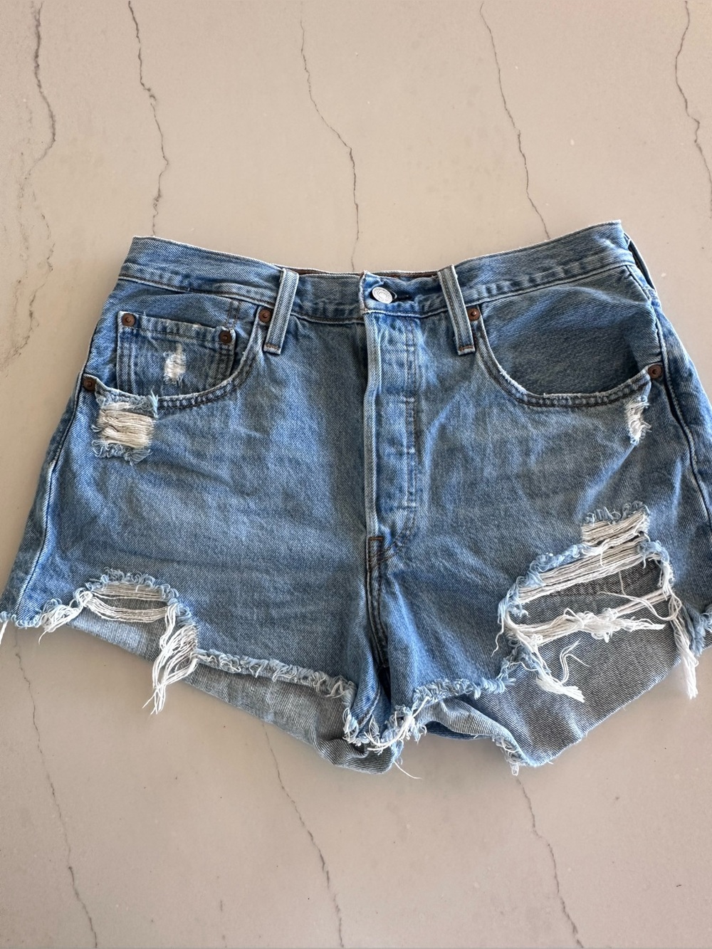 Levi's 501 Distressed Denim Shorts Button Fly 100% Cotton Cutoff Womens 30 EUC